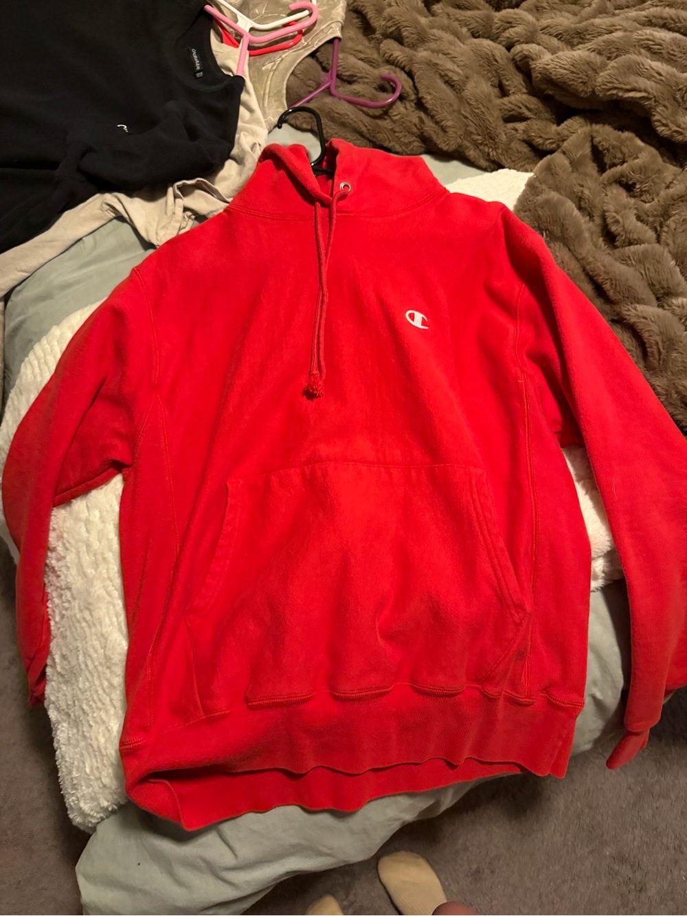Champion Red Hooded Pullover with Embroidered Logo